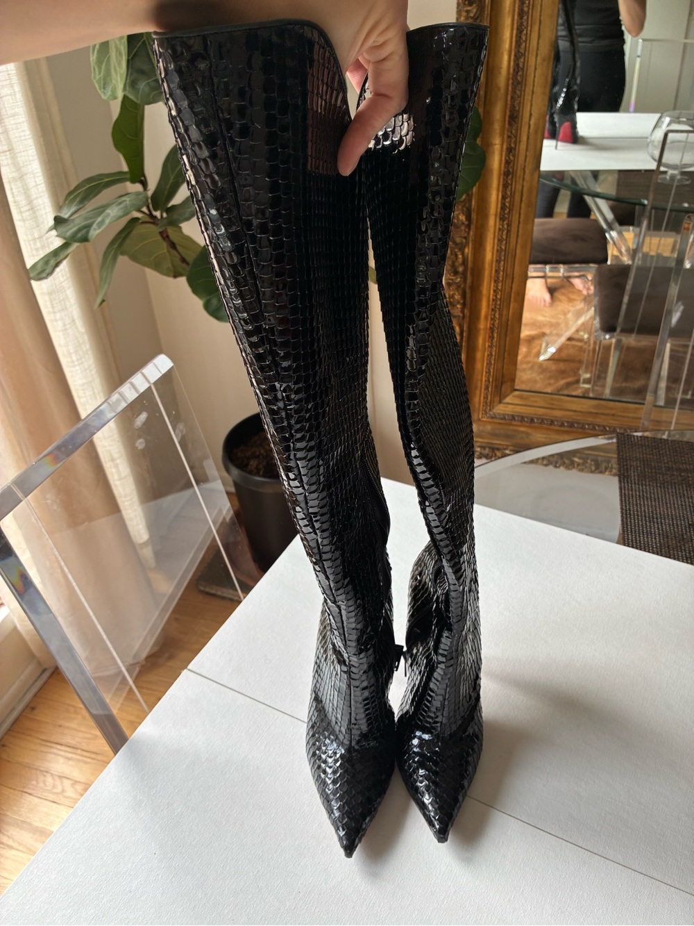Christian Louboutin Alta Botta knee high boots bird embossed patent 115 36.5 - Picture 11 of 11